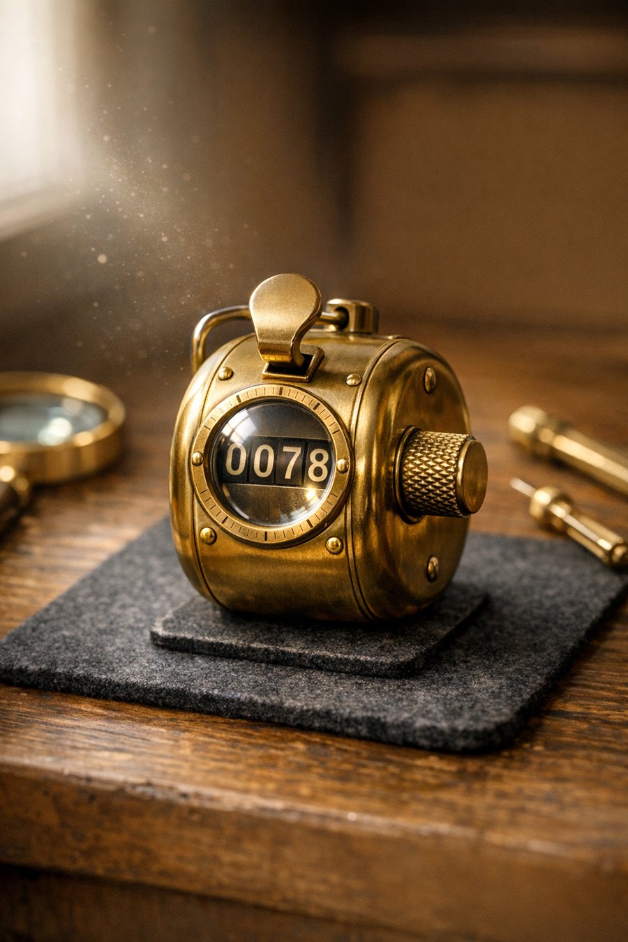 CounterParts key art: the mirror twins Gold and Platinum, two glass drops inside a little brass tally counter