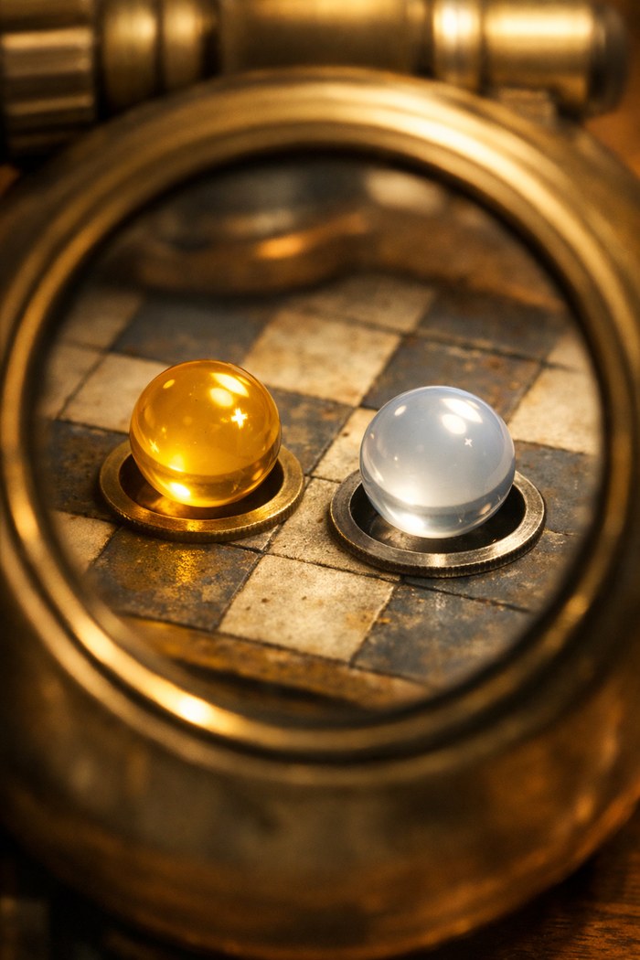 The two mirror twins, a warm gold glass drop and a cool silver-white glass drop, inside the brass window