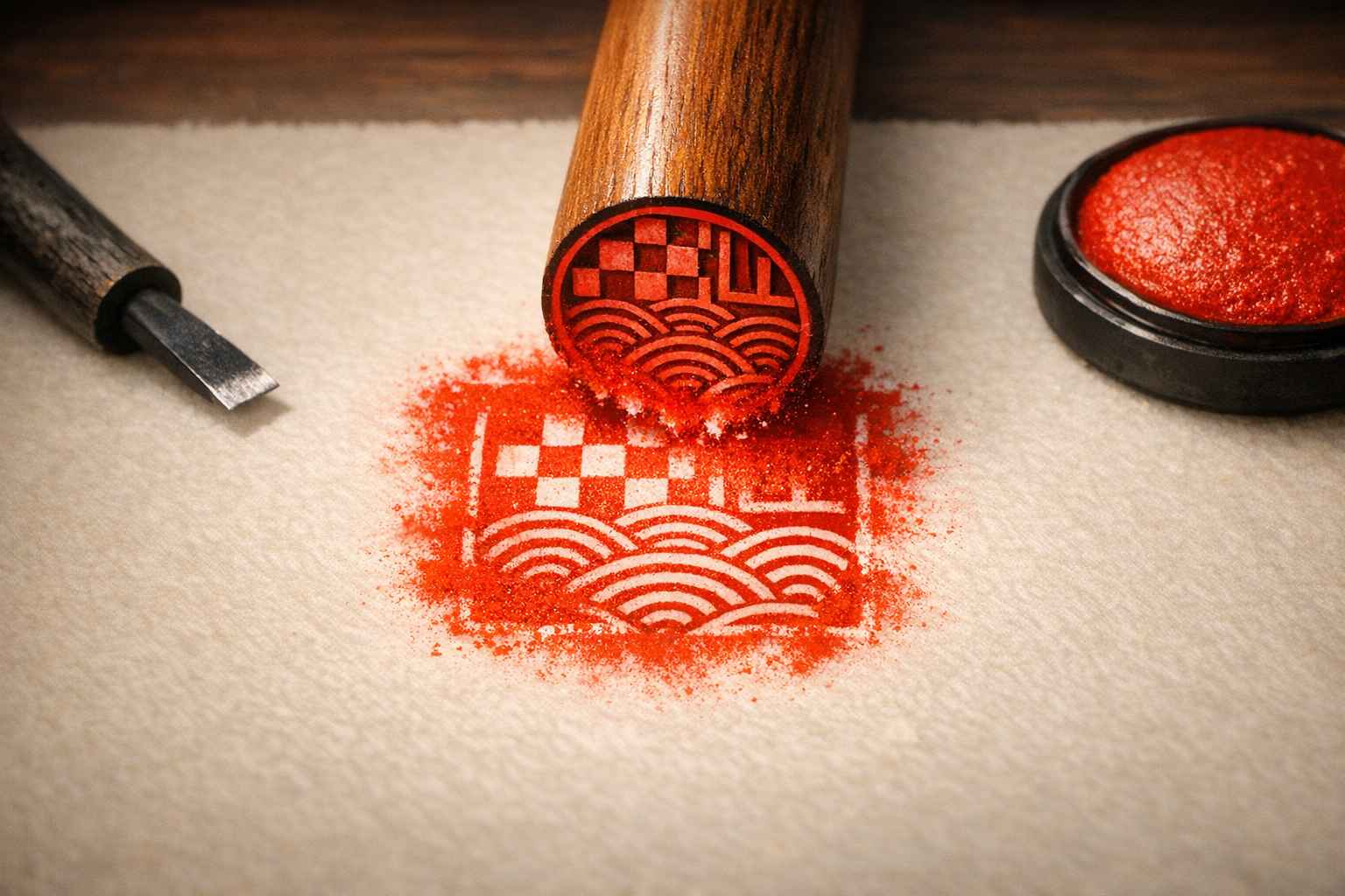 A Japanese seal pressed onto washi paper, leaving a vermilion print, with a chisel and an ink pad beside it