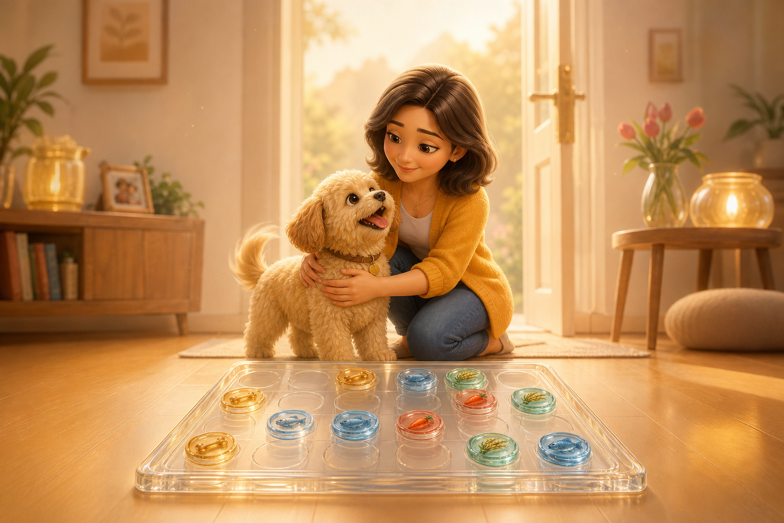 Okaeri key art: pets and owners gathered around a warm glass board of food bowls