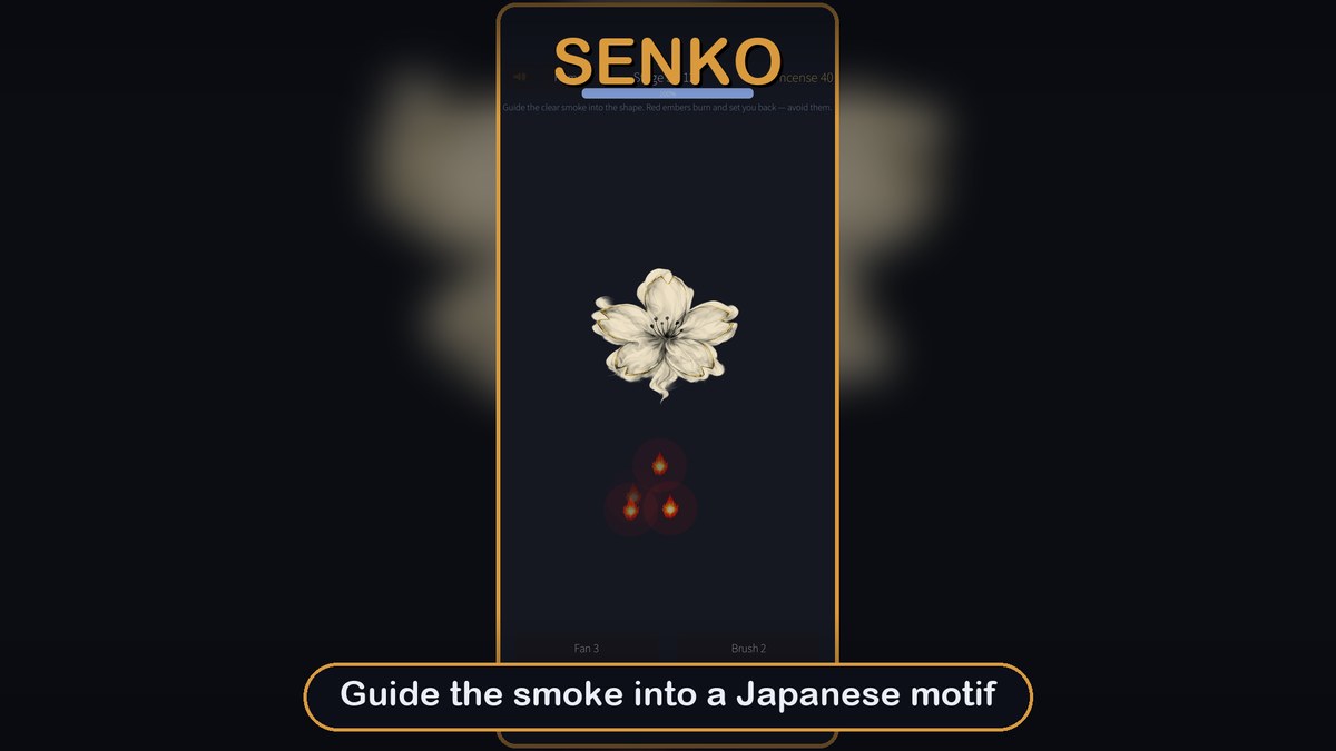 SENKO key art — calm the rising incense smoke and shape it into Japanese motifs