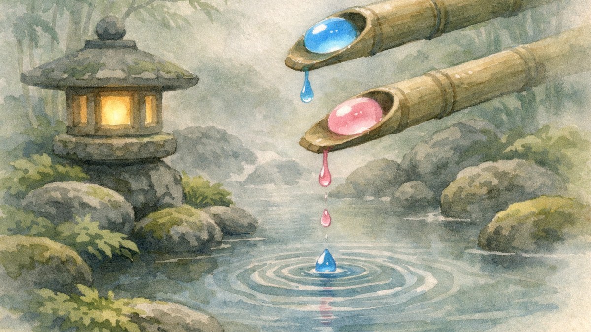 Shizuku key art: a quiet Japanese garden where two dewdrops are guided to meet