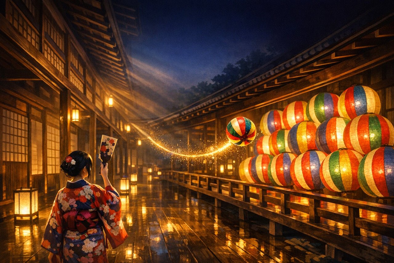 TEMARI key art: a girl with a hagoita facing a lantern-lit corridor of paper balloons