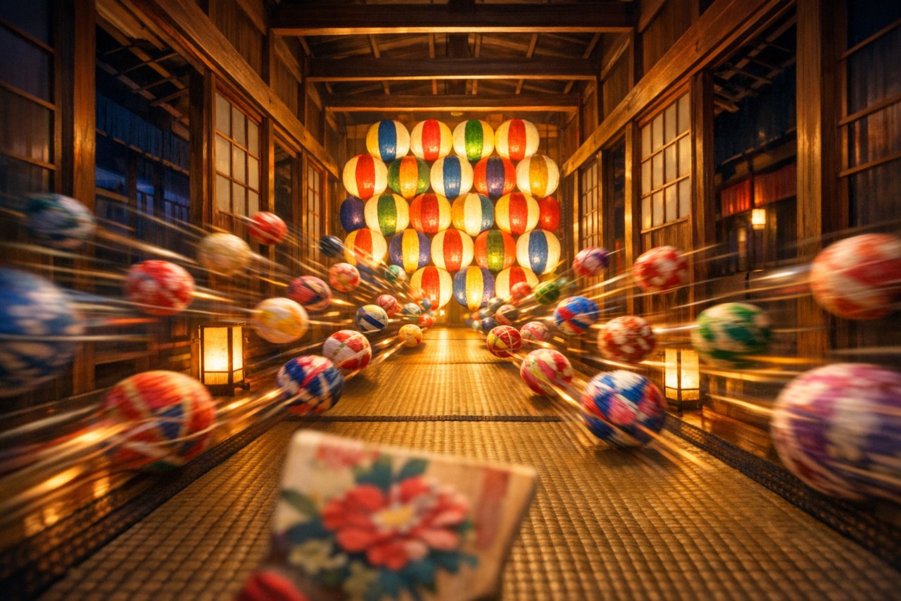 A swarm of split temari streaking down the corridor toward the balloons