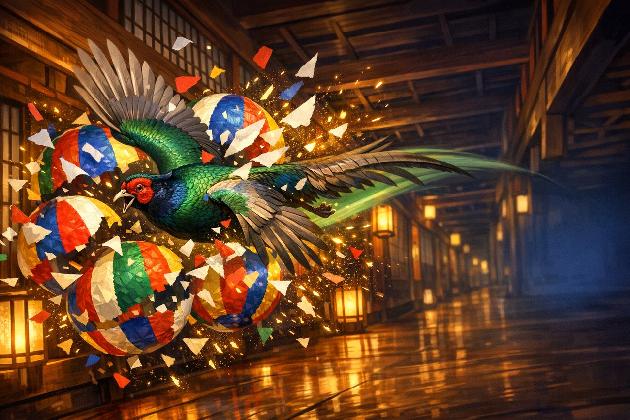 A green pheasant swooping across the corridor, bursting a row of paper balloons